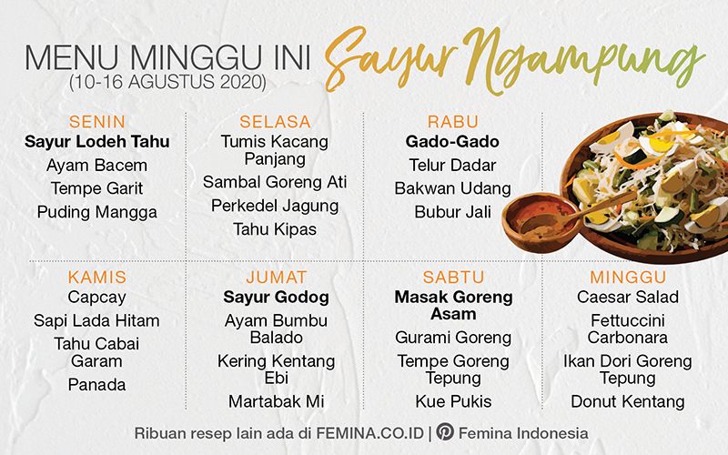 Daftar Menu Masakan Satu Minggu - Jadual Bulanan